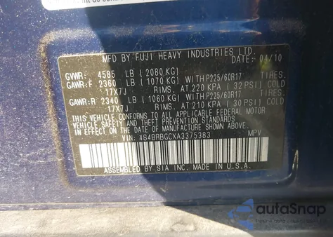 2010 Subaru Outback 2.5I Premium z USA, uszkodzony, nr VIN 4S4BRBGCXA3375383